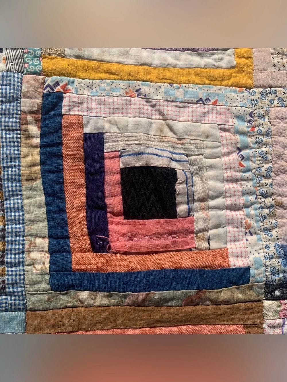Antique 1940s or older multicolor multi-material log cabin quilt